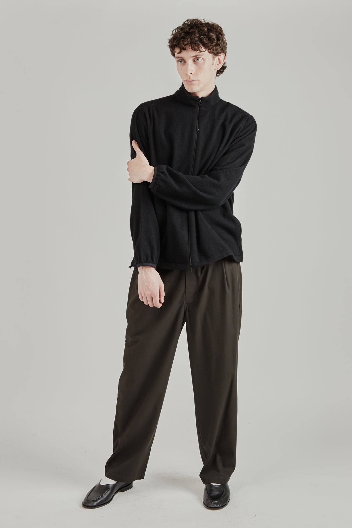 Cashmere Mixed High Neck Blouson - Black