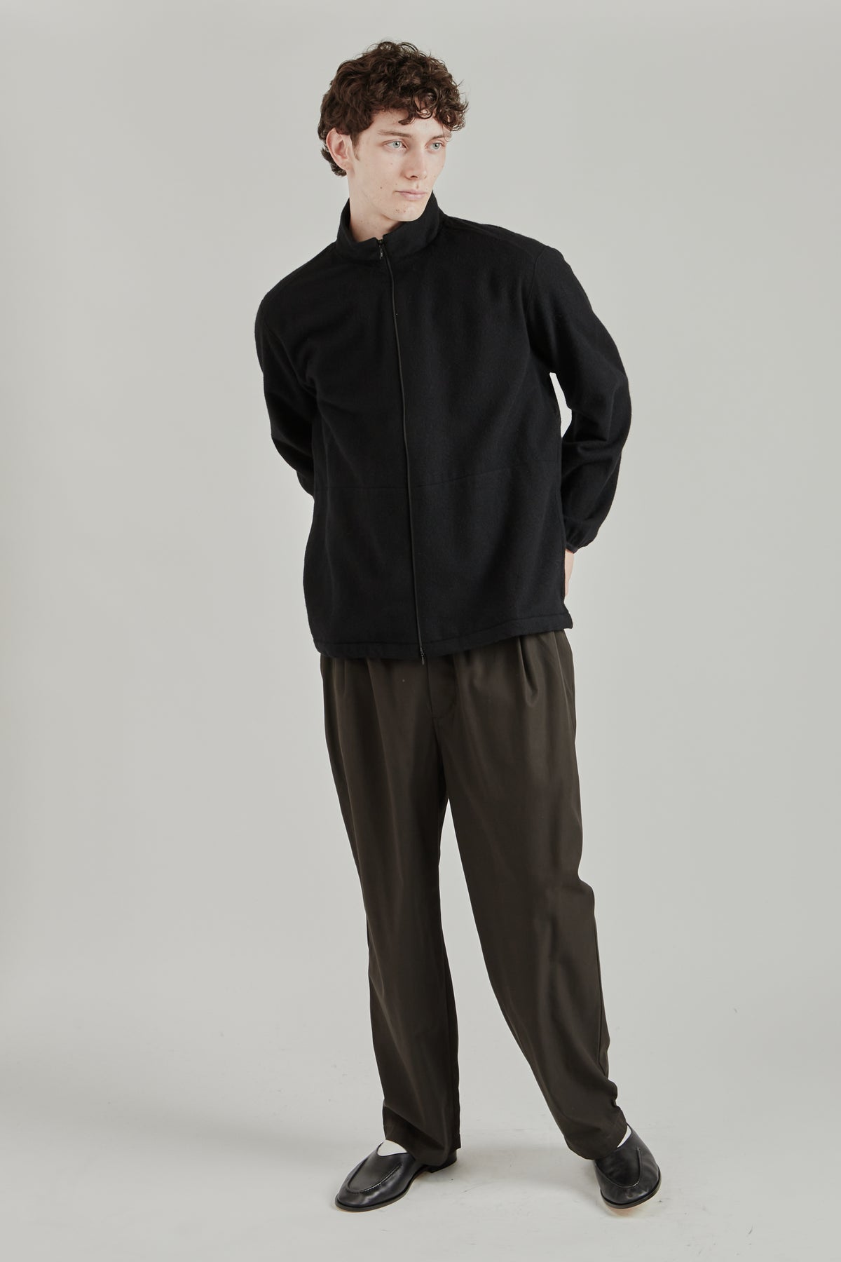 Cashmere Mixed High Neck Blouson - Black