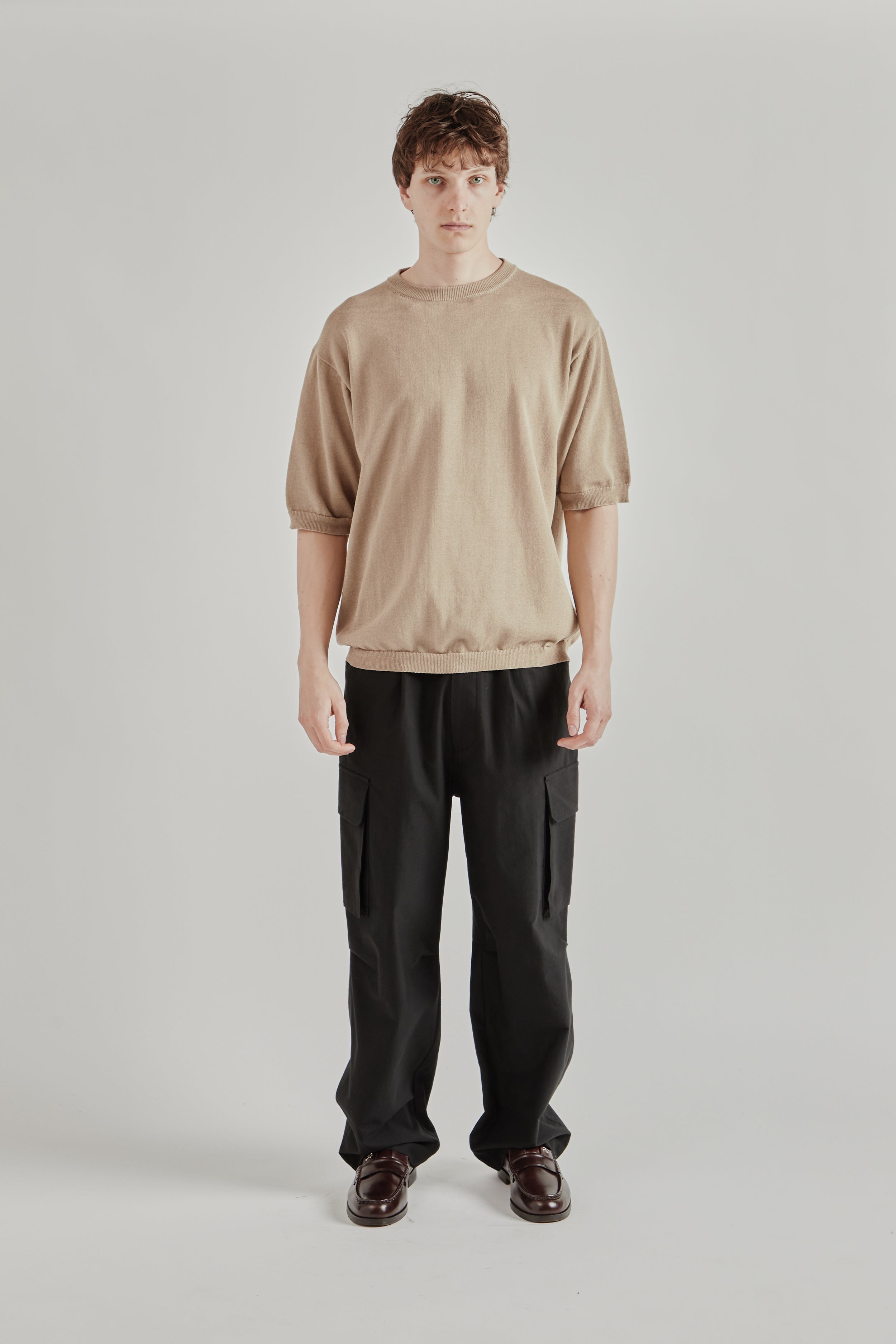 Still by Hand Half Sleeve Knit T-Shirt - Khaki Beige | Wallace