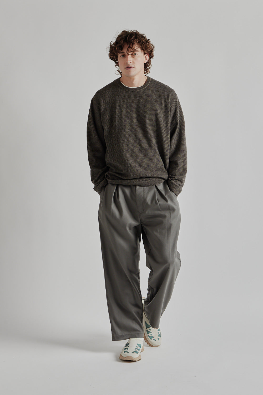 Box Pleat Wool Pants - Greige