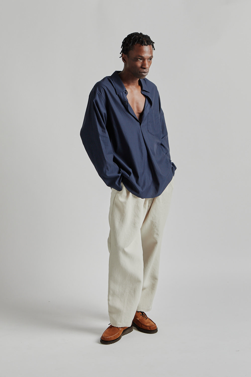 Still By Hand Cupro Mixed Pullover Shirt - Navy | Wallace