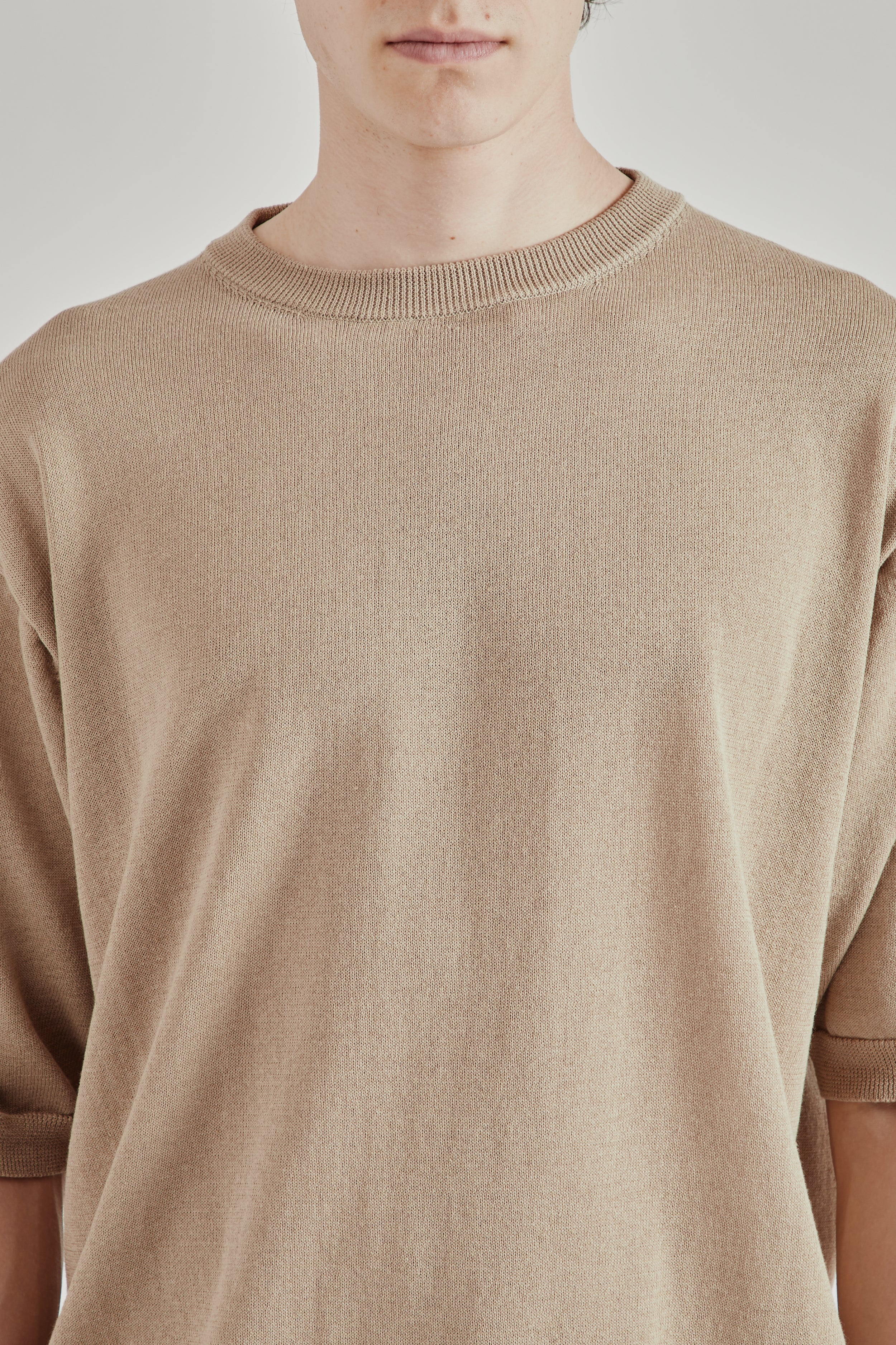 Still by Hand Half Sleeve Knit T-Shirt - Khaki Beige | Wallace