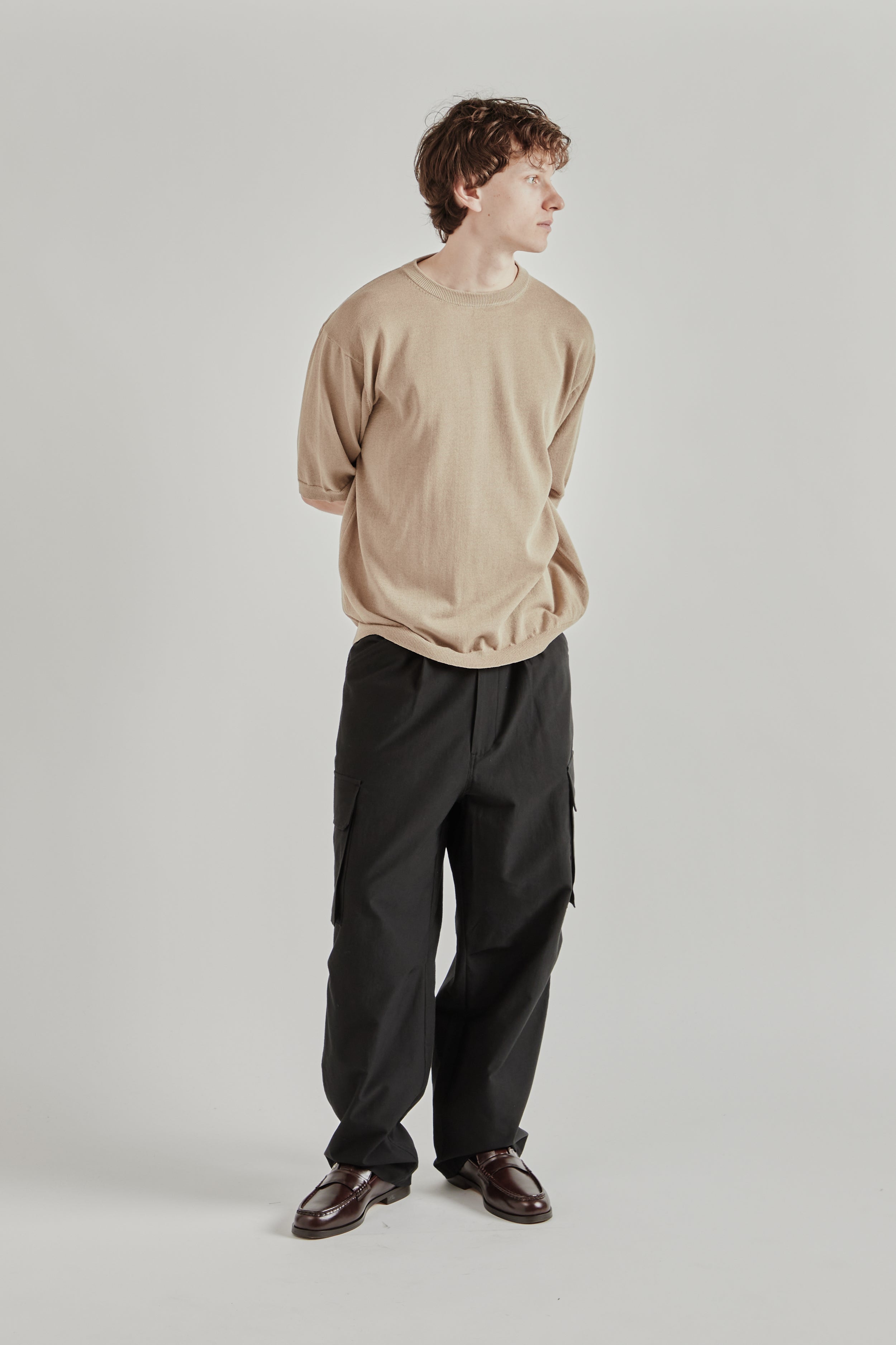 Still by Hand Half Sleeve Knit T-Shirt - Khaki Beige | Wallace