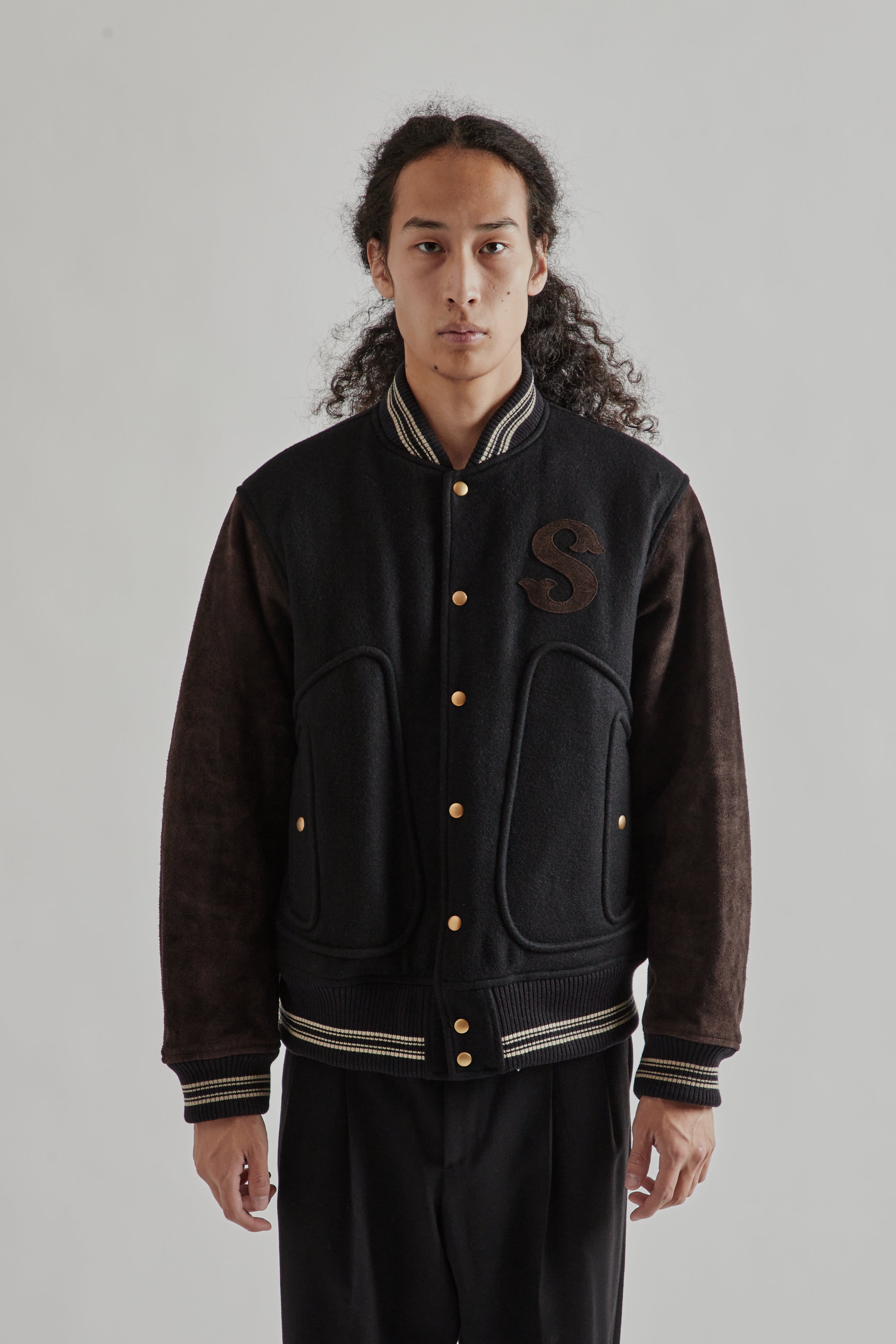 【SUGARHILL】LEATHER STUDIUM JACKET ブラック Sugarhill Leather Stadium Jacket - Black/Brown | Wallace