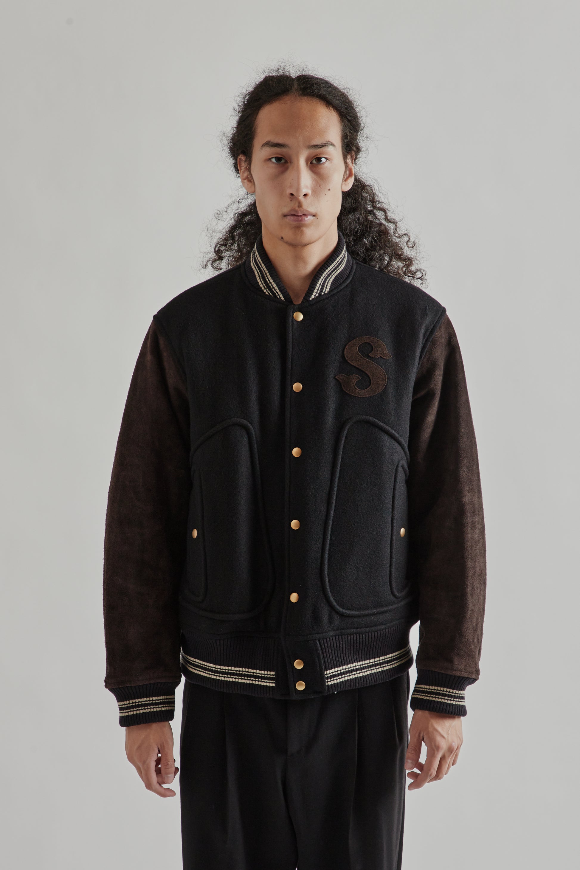 Sugarhill FW25 Leather Stadium Jacket Black Brown 2