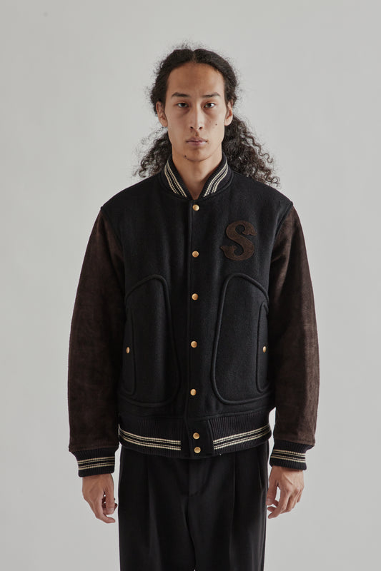Sugarhill FW25 Leather Stadium Jacket Black Brown 2