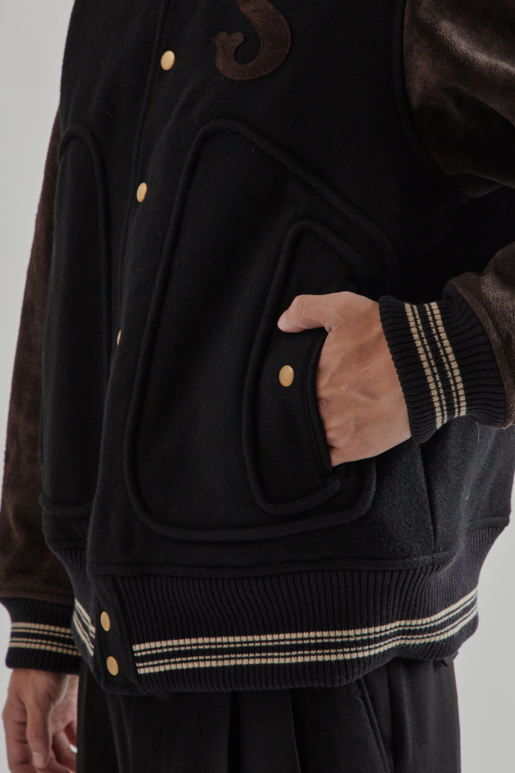 Sugarhill FW25 Leather Stadium Jacket Black Brown 9