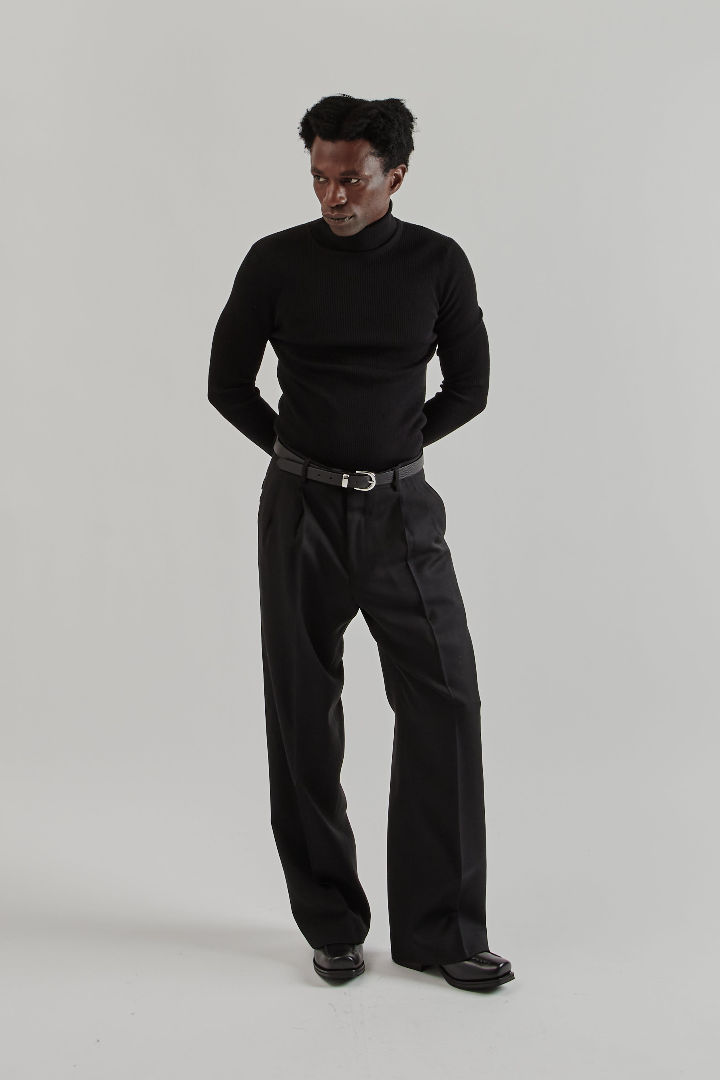 RIB LAME TURTLE KNIT /BLK×BLE Sunflower Merino Rib Turtle Neck - Black | Wallace Mercantile Shop