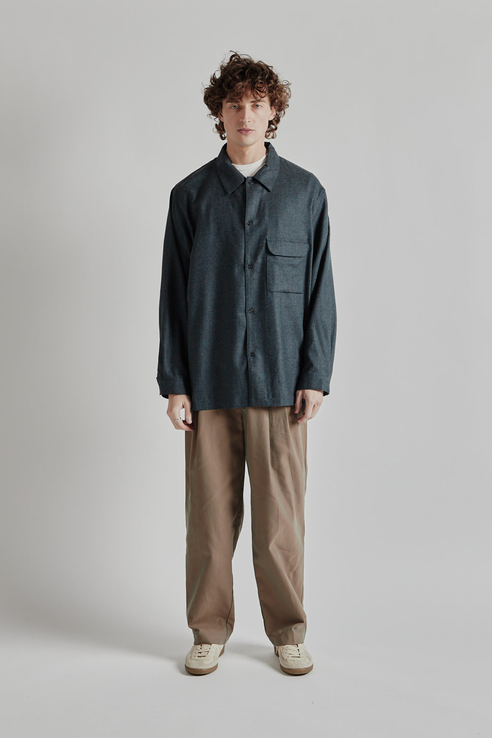 Flat Bottom Wool Shirt - Blue Charcoal