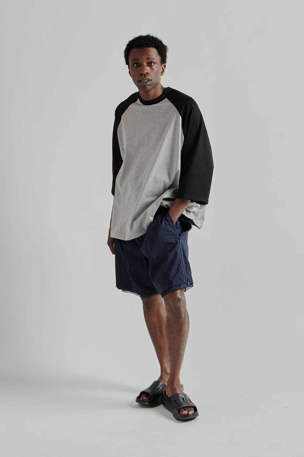 is-ness SS25 Balloon Raglan Sleeve T-Shirt Gray x Black 10