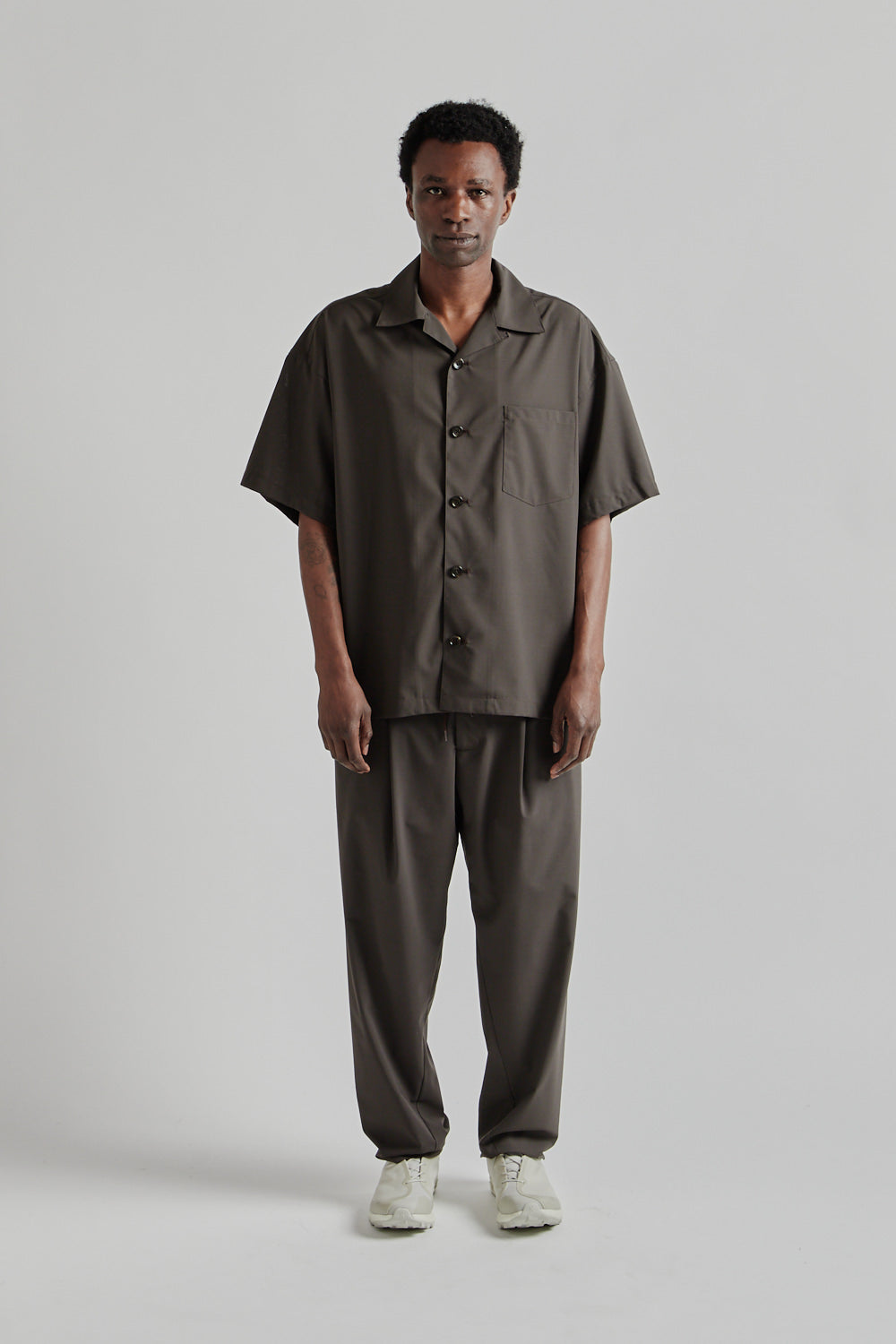 is-ness SS25 Open Collar Box Shirt Brown 1