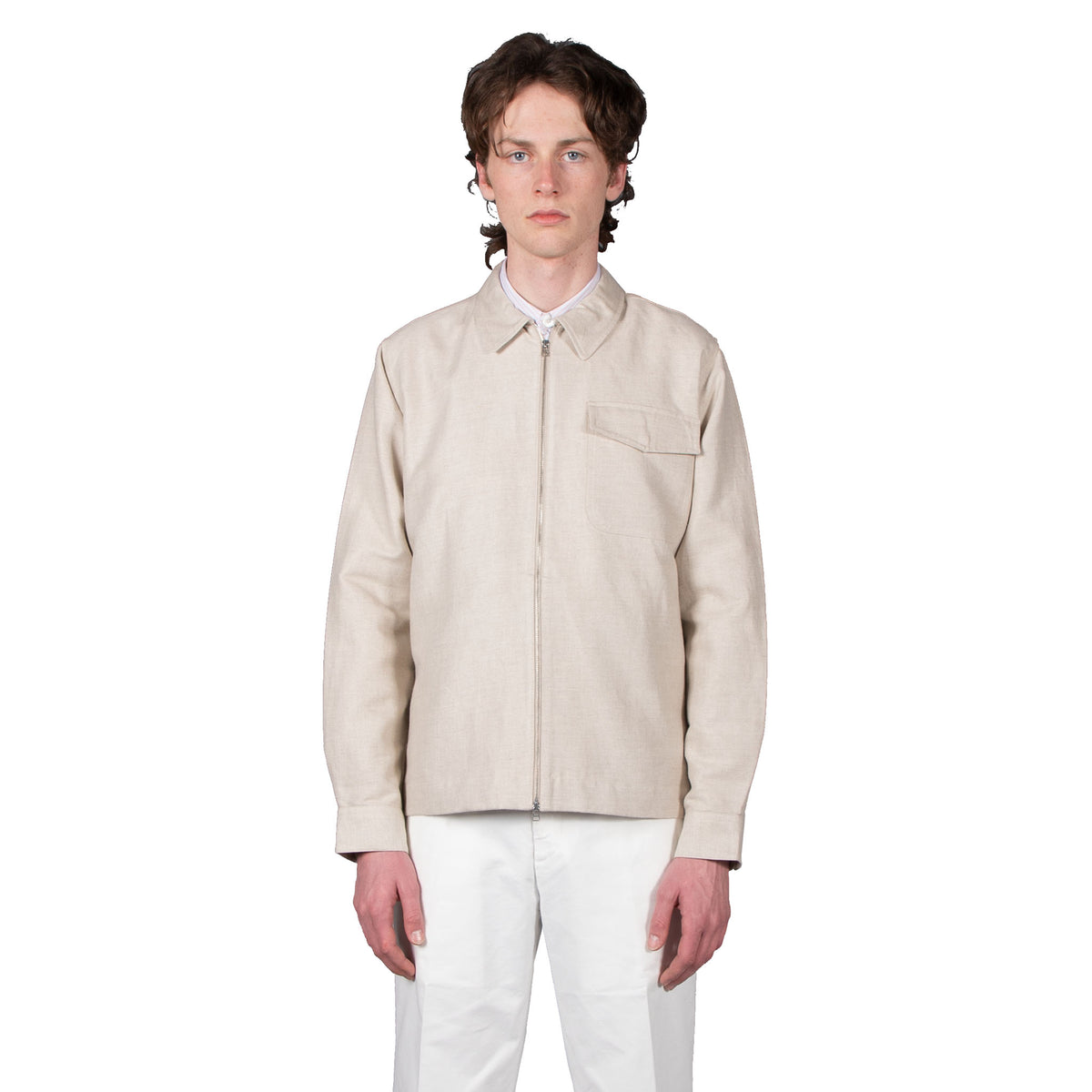 Shop Schnayderman&#39;s shirt jacket online zipshirt cotton linen twill sand
