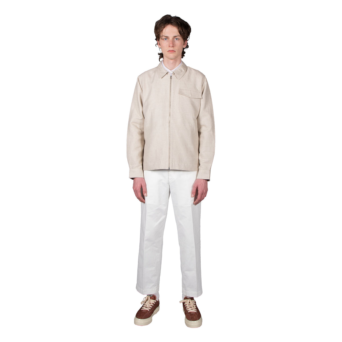 Shop Schnayderman&#39;s shirt jacket online zipshirt cotton linen twill sand