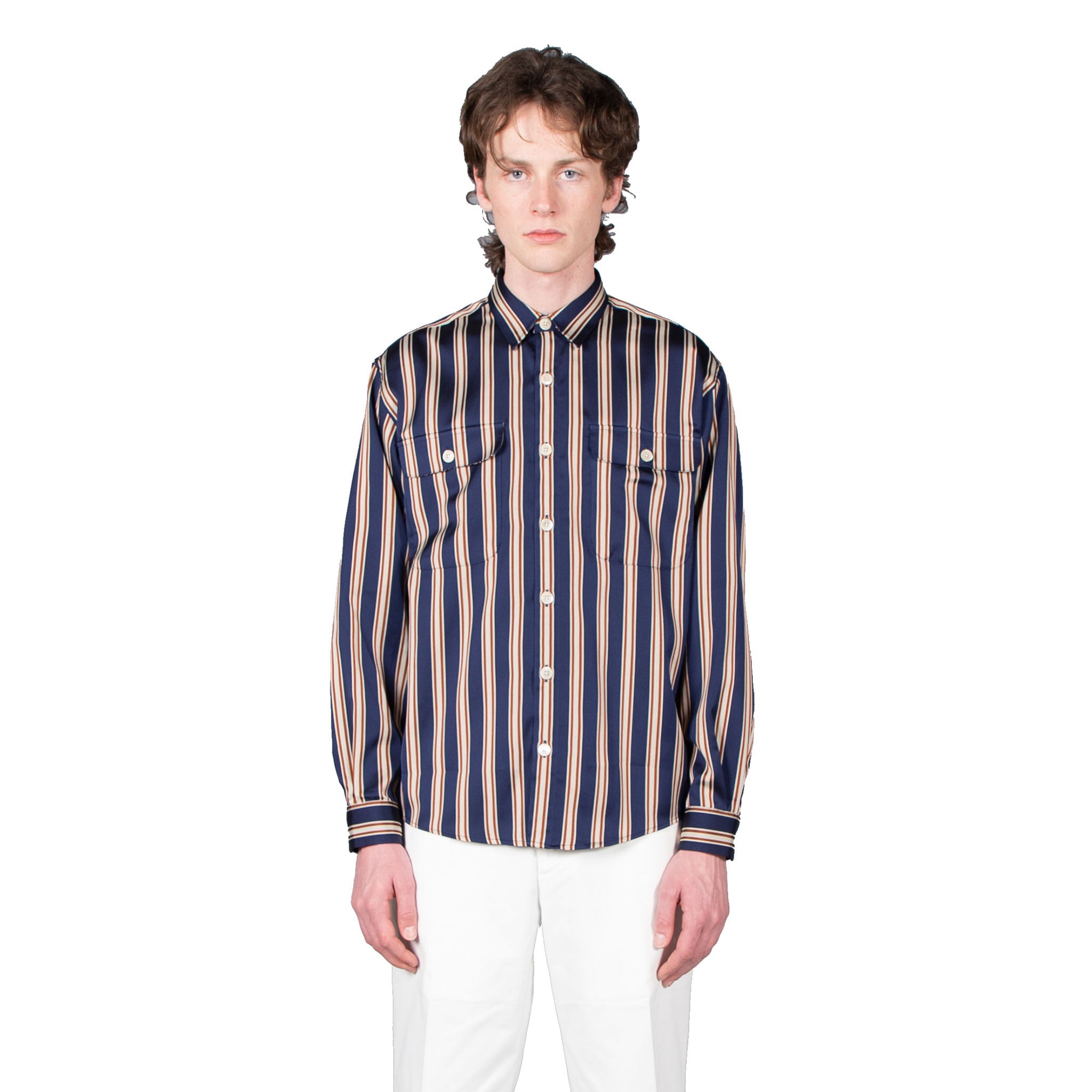 Shop Schnayderman's shirt online boxy stripe navy rust sand