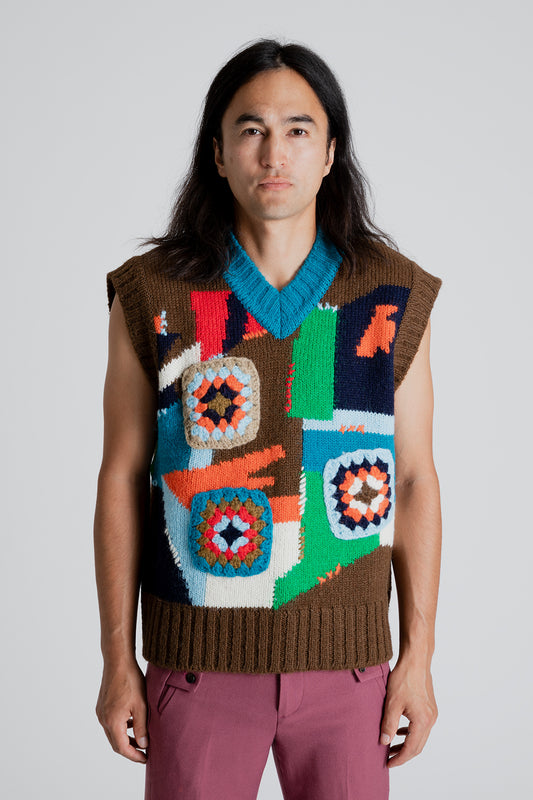 Andersson Bell Knitted Crochet Intarsia V-Neck Vest in Brown
