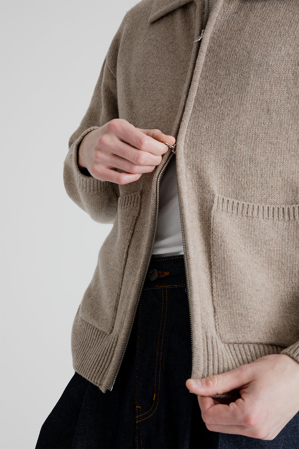 Wool Collar Zip Up Knit Cardigan - Oatmeal