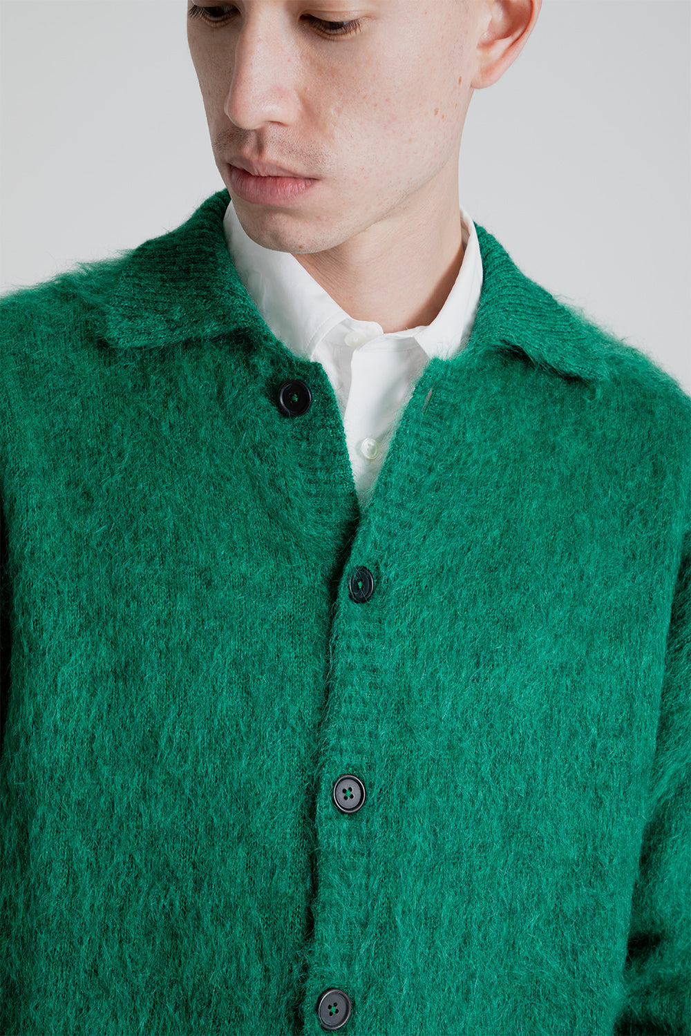 Kaptain Sunshine Brushed Wool Mohair Cardigan in Green | Wallace 