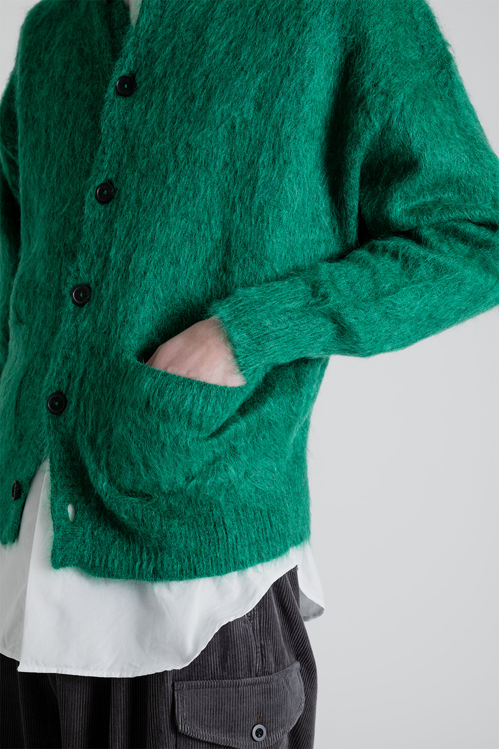 Kaptain Sunshine Brushed Wool Mohair Cardigan in Green | Wallace 
