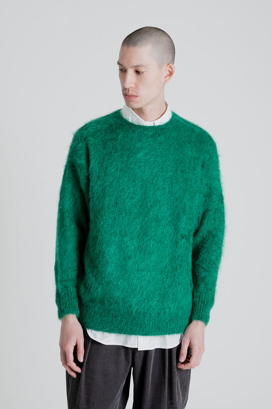 Kaptain Sunshine Brushed Wool Mohair Crewneck Pullover in Green