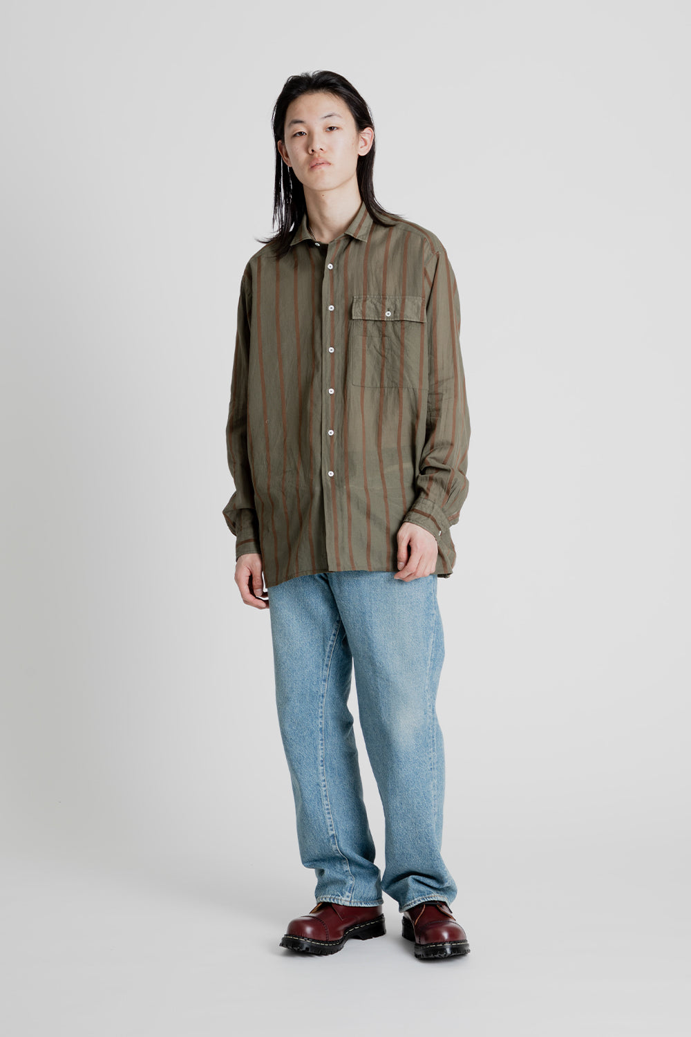 Kaptain Sunshine Safari Shirt in Olive Stripe