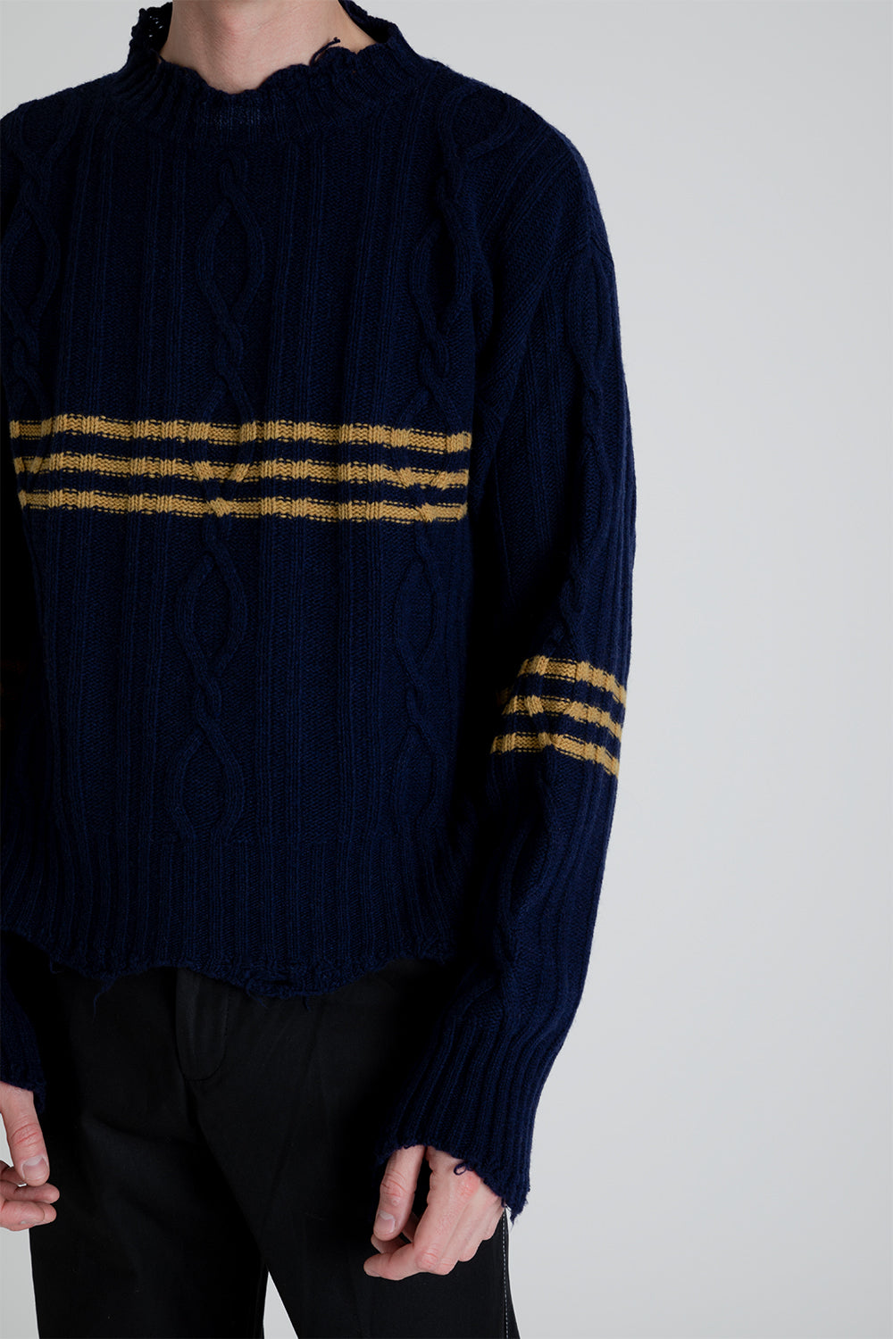 Schnayderman's Cropped Cable Sweater in Dark Blue / Yellow