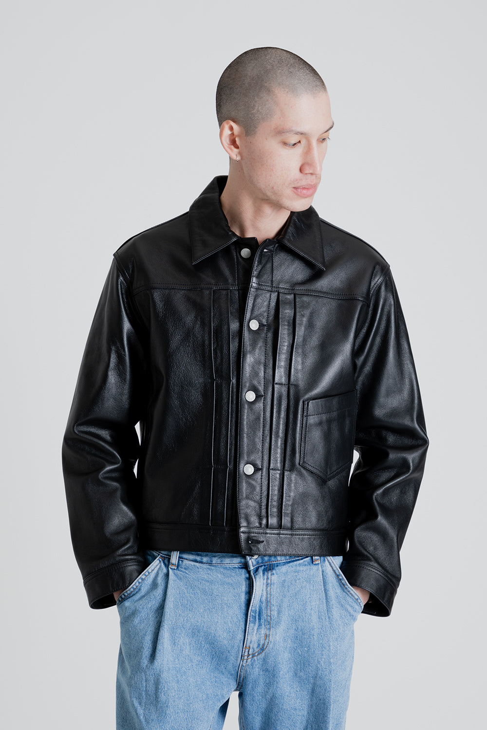 Uniform Bridge Trucker Leather Jacket in Black