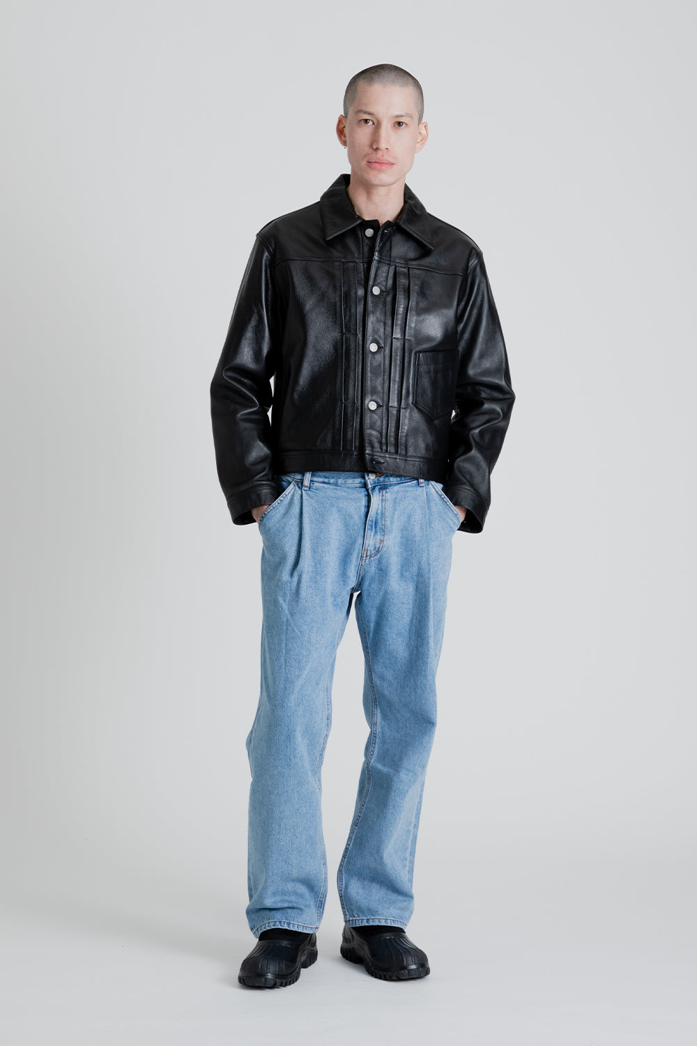 Uniform Bridge Trucker Leather Jacket in Black