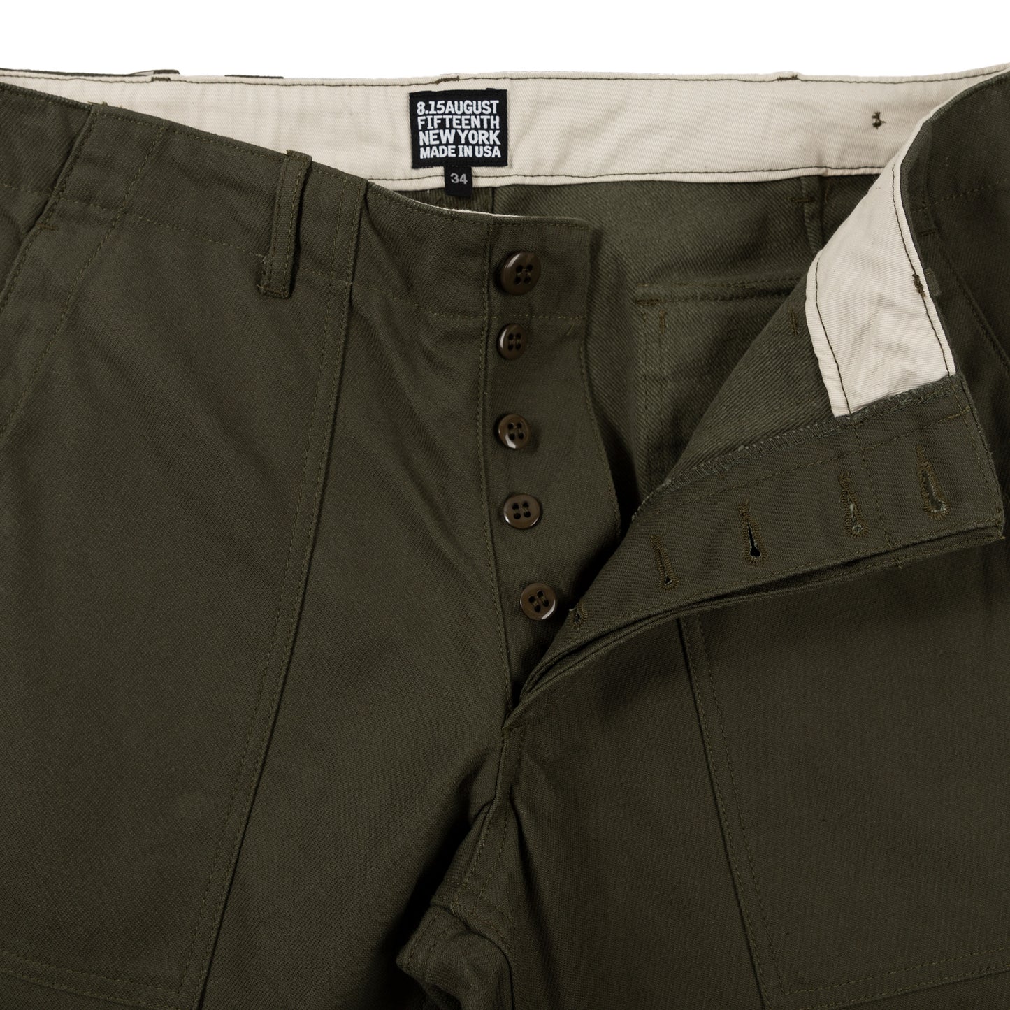 August Fifteenth Fatigue Trousers Back Twill Olive Detail