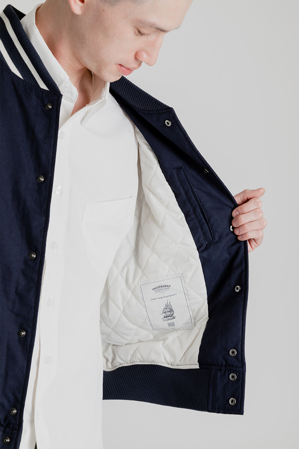 Navy varsity outlet bomber jacket