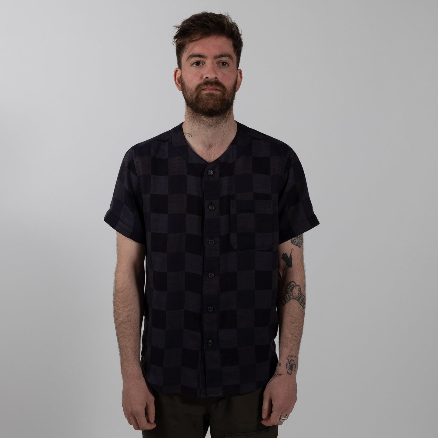 Krammer and Stoudt Baseball Shirt Black Navy Checkers Front Style
