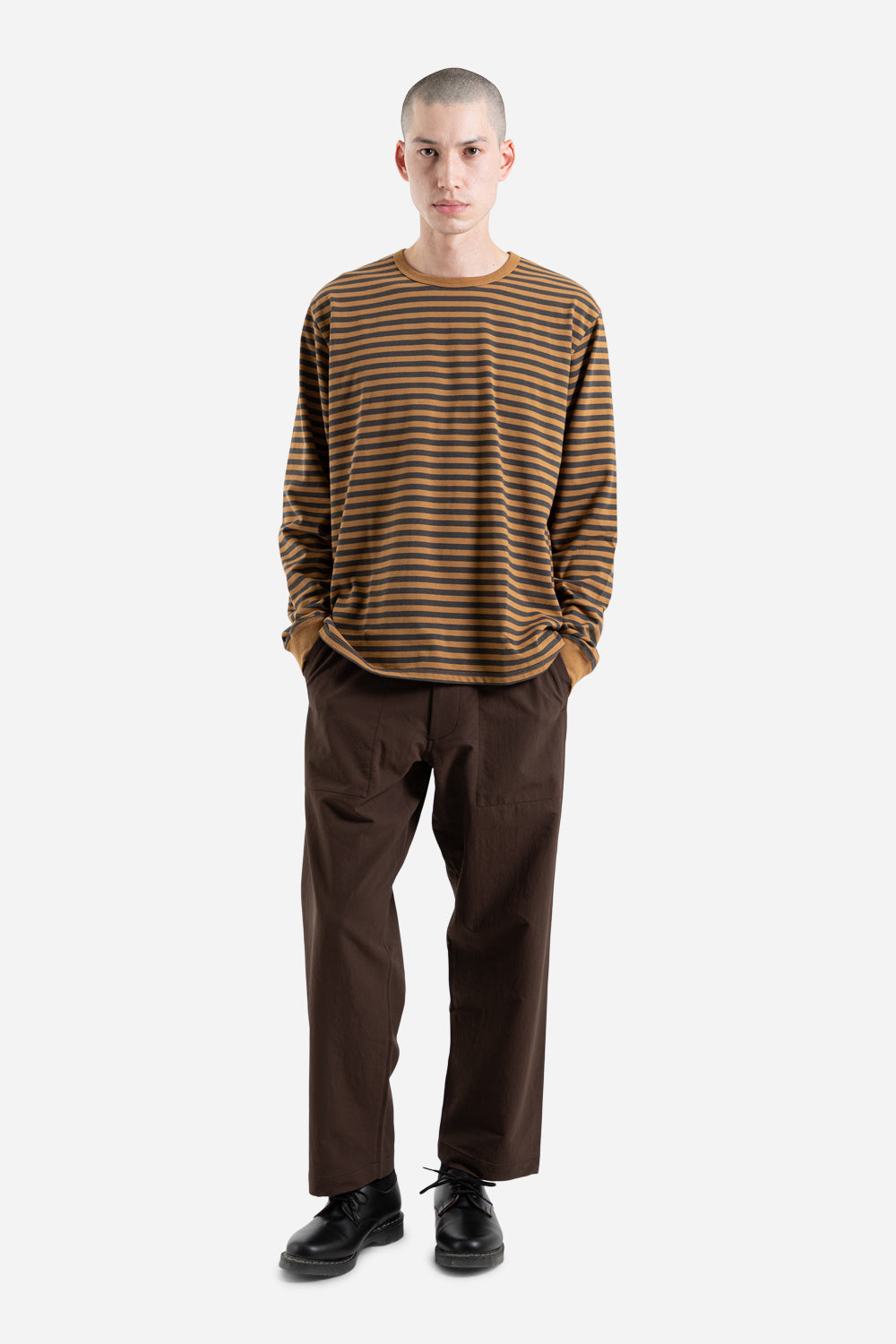 Nanamica Coolmax Striped Jersey LS in Brown and Charcoal