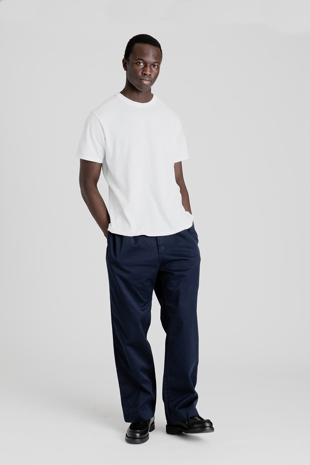 Double Pleat Wide Chino Pants - Navy