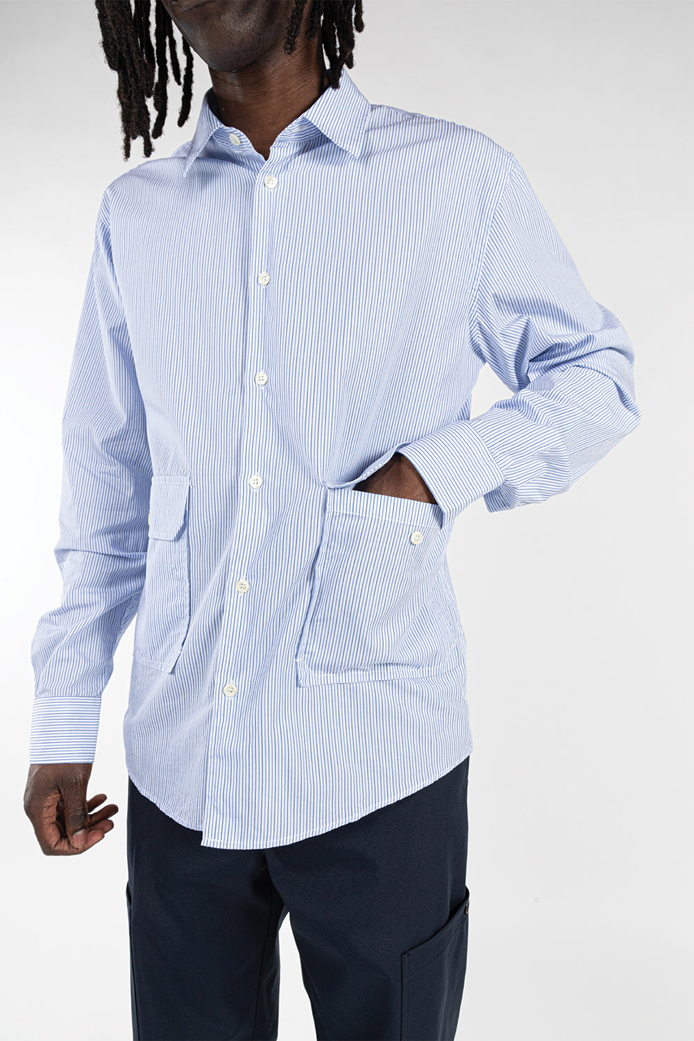 Soulland Niel Shirt in White and Blue Stripes - Wallace Mercantile Sho